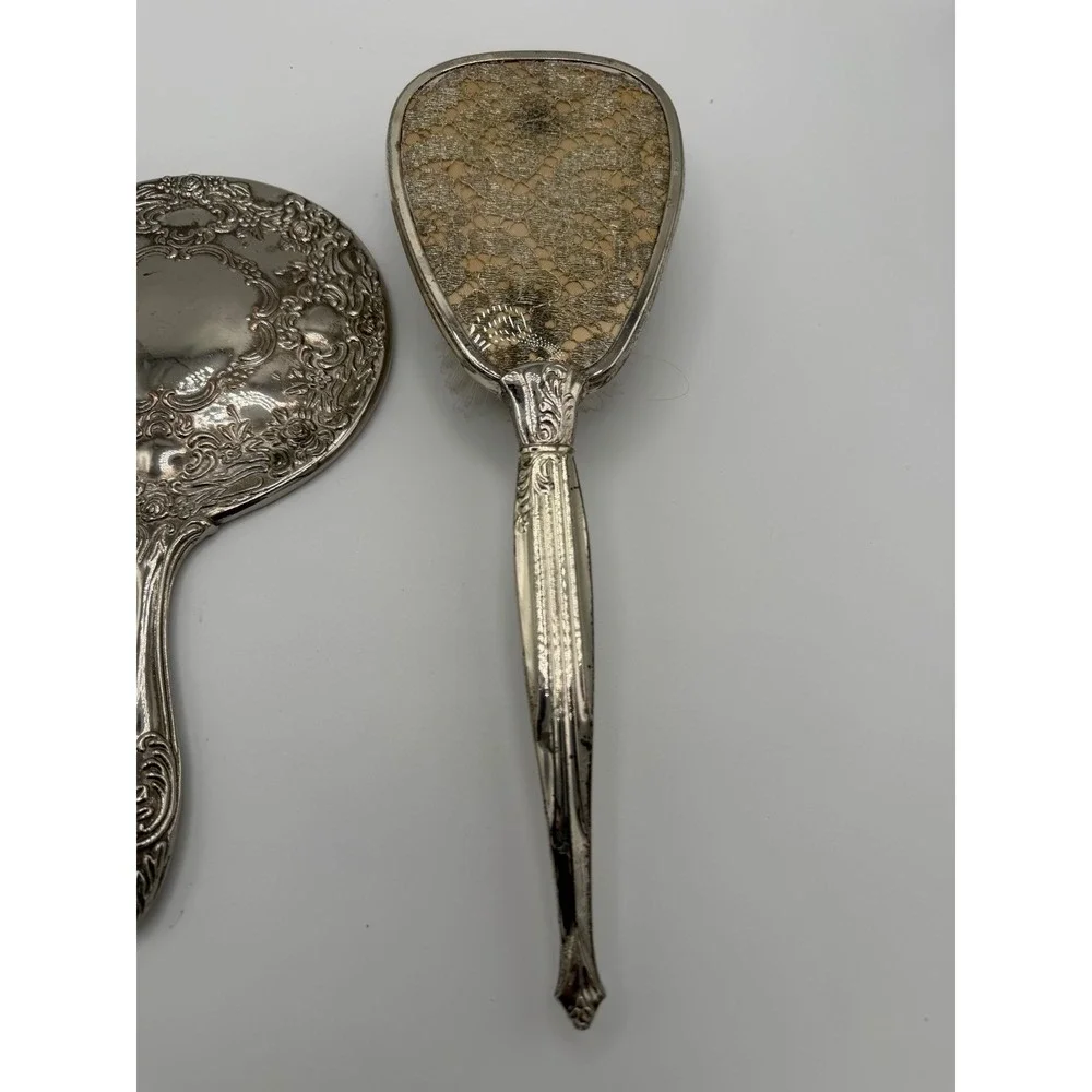 Vintage Silver Tone Repousse Hand Mirror and Brush Vanity Set Floral Lace Detail